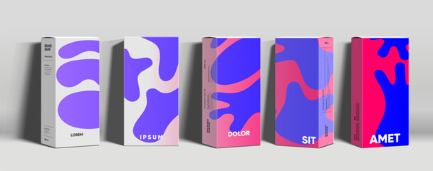 A collection of five modern product packaging designs featuring abstract, colorful patterns in shades of purple, pink, and blue. Each box displays unique branding elements