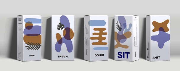 A series of modern packaging designs featuring abstract geometric patterns in earthy tones. The minimalist style and clean lines create a contemporary aesthetic