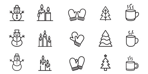 Hand drawn winter holiday icons set snowman candles mittens tree mug