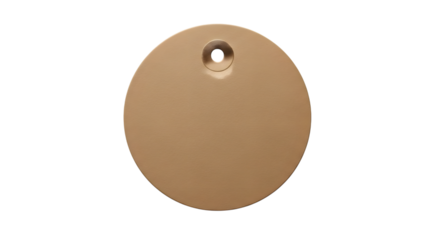 A plain, round, light brown, textured tag with a hole at the top, isolated on a transparent background