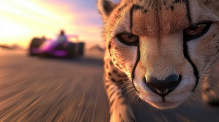 A fierce cheetah races along the track as a sleek race car speeds by in the background during sunset.