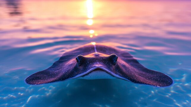 Stunning close-up of a stingray gliding gracefully underwater at sunset with vibrant reflections and colors