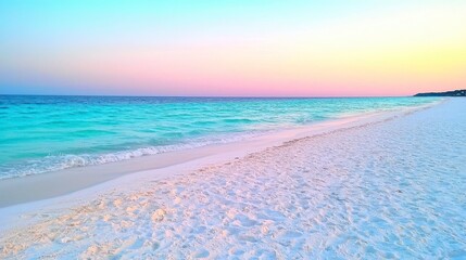 Tranquil beach sunset with soft pastel hues illuminating the serene ocean and sandy shores
