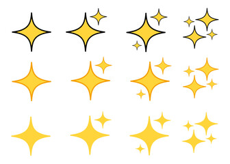Golden sparkle and shining star icon set in flat and outline style for decoration and highlight design