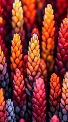 Vibrant close-up of colorful succulent plants in a stunning array of reds, oranges, and yellows