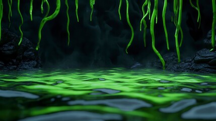 Eerie underground scene with glowing green tendrils and mysterious water reflections