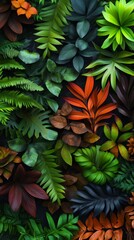 Vibrant assortment of tropical leaves showcasing various shapes, colors, and textures against a dark background