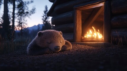 A peaceful baby bear sleeping near a cozy cabin by a warm glowing fire in a serene forest setting