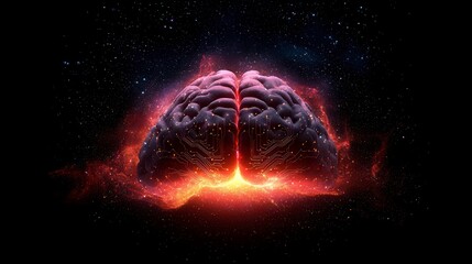 Futuristic brain illuminated by glowing circuits against a cosmic background of stars and galaxies