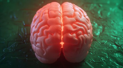 Abstract digital representation of a brain illuminated in neon pink on a circuit board background