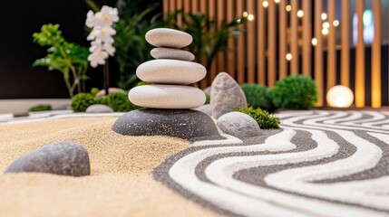 Peaceful zen garden with balanced stones and artistic sand patterns creating a serene atmosphere