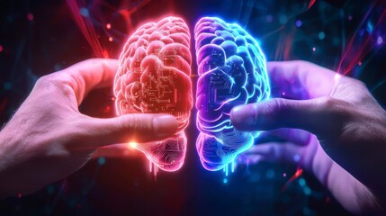 A vibrant representation of a brain being held with technology elements, illustrating the fusion of creativity and logic