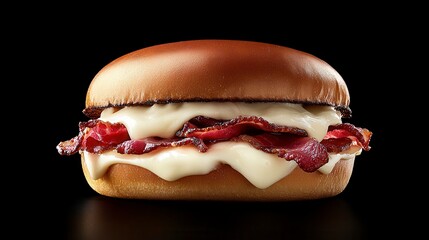 Delicious freshly made burger with bacon and creamy sauce on a black background