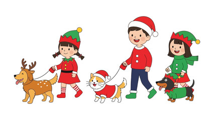 Holiday Pet Parade: Festive children stroll with their pets in coordinated holiday attire, creating a charming scene filled with cheer.