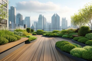 Fototapeta premium Rooftop Garden on Modern City Buildings with Green Plants and Wooden Deck