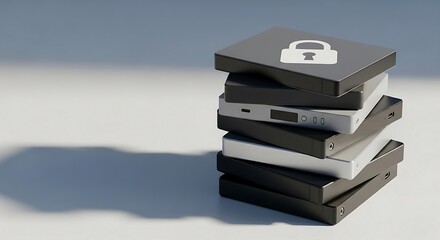 Stack of external hard drives with lock icon representing cyber security, data protection, cloud storage, and digital privacy concept for technology and information safety themes