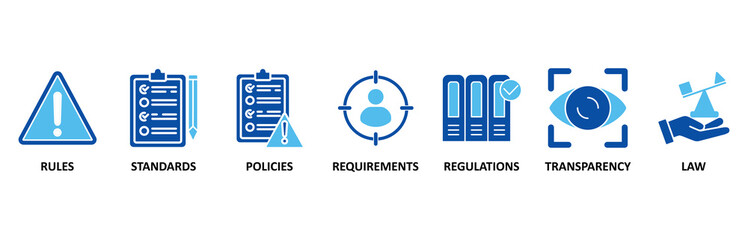 Compliance icon set In Blue Style, Vector Illustration for rules, standards, policies, requirements, regulations, transparency, and law