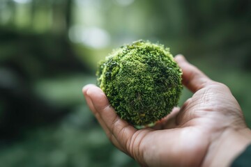 Human Hand Holding Small Earth Sphere Covered in Green Moss