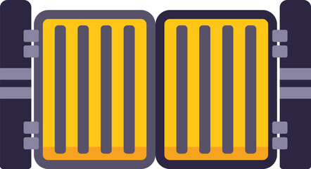 Yellow double sliding gate closing a building entrance, security concept