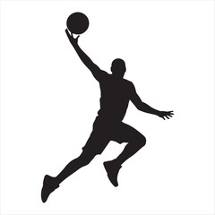 Silhouette of a basketball player jumping high in the air to shoot the ball during a game