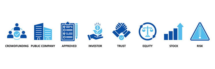 Ipo icon set In Blue Style, Vector Illustration for initial public offering with icon of crowdfunding, public company, approved, investor, trust, equity, stock and risk