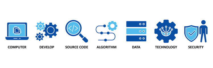 Programming icon set In Blue Style, Vector Illustration for computer, develop, source code, algorithm, data, technology and security