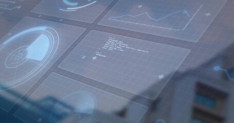 Hovering holographic panels over building facade, displaying line chart, grid panels and radar