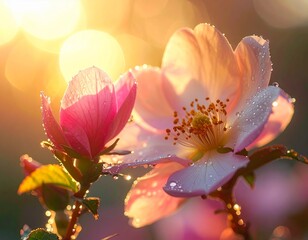 Obraz premium A vertical fine art photograph of the most beautiful flower in full bloom, showcasing delicate petals, natural sunlight, and shimmering dew drops. Capturing the perfection of nature with ultra-realist