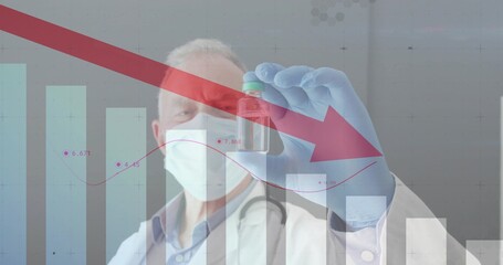 Displaying doctor holding capped vial in lab, wearing mask gloves and stethoscope with chart, arrow