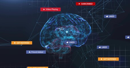 Floating blue wireframe brain glowing, linking through digital network with notification tags