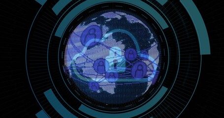 Displaying digital globe with curved lines and padlocks at futuristic circular UI, binary overlay