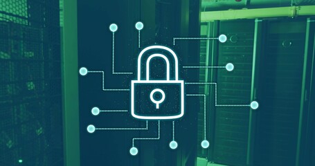 Glowing padlock network graphic radiating node connections across data center, with server racks