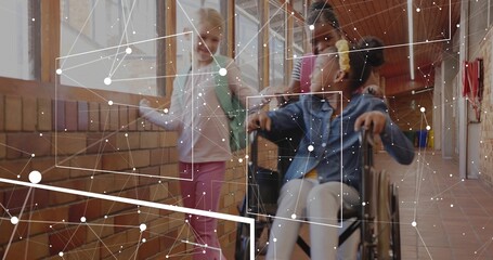 Rolling wheelchair child navigating school hall with brick walls, large windows and two backpacks