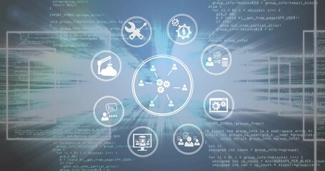 Displaying gear-and-user network diagram over code backdrop, with peripheral software icons
