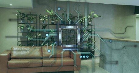 Featuring glowing digital microchip overlaying corporate lounge, with leather couch, plant shelving