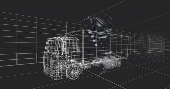 Fototapeta Rendering wireframe semi-truck and container trailer in virtual grid space, with dotted globe