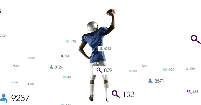 Raising helmeted, jersey-clad football player gripping football overhead amid data icons on white - Powered by Adobe