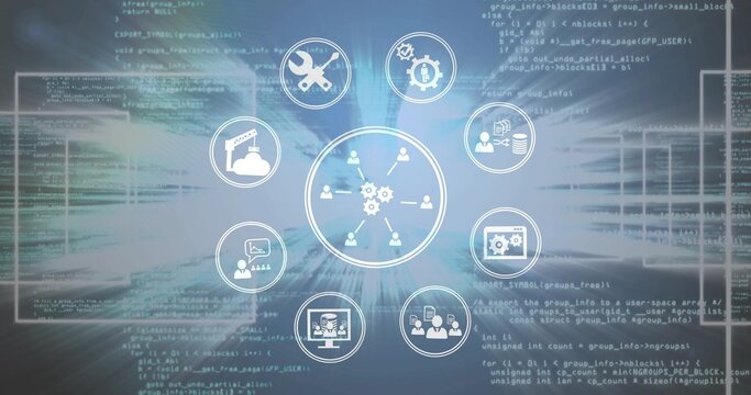 Displaying gear-and-user network diagram over code backdrop, with peripheral software icons