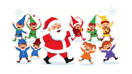 Santa and the Elves' Festive Frolic: A jovial Santa, surrounded by his cheerful elves, dances and celebrates the spirit of Christmas, creating a magical scene filled with joy and merriment.