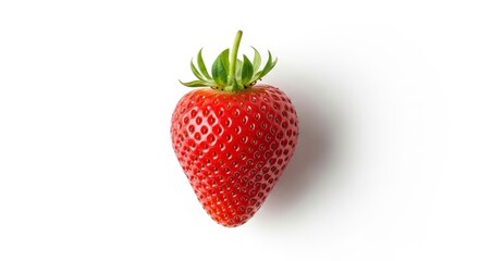 Single ripe strawberry isolated on white background, natural food concept with soft shadow