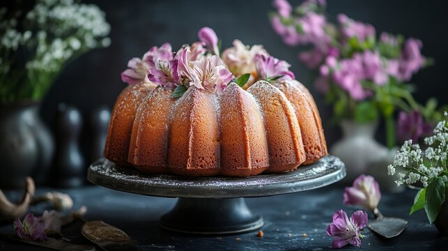 A lush homemade cake with flowers on a dark background, decorated with delicate petals.
Ideal for culinary blogs, articles about home baking, festive recipes, 