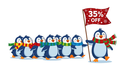 Winter Discount Parade: A festive parade of cheerful penguins in vibrant scarves proudly march, a banner declaring a special 35% discount for a limited time.