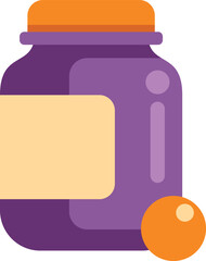 Purple medicine bottle sitting next to one orange pill, isolated on a white background, depicting the concept of pharmaceuticals and medicine