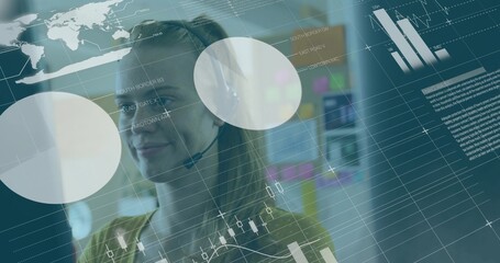 Businesswoman wearing headset analyzing data on digital display in office, with candlestick charts