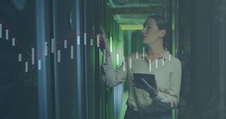 Holding technician pressing server rack in server room with tablet and data charts, copy space