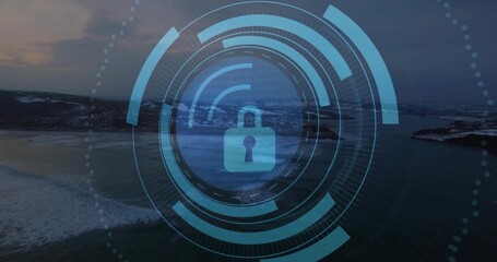 Displaying security overlay on coastal dusk view, featuring padlock icon, binary code, rings