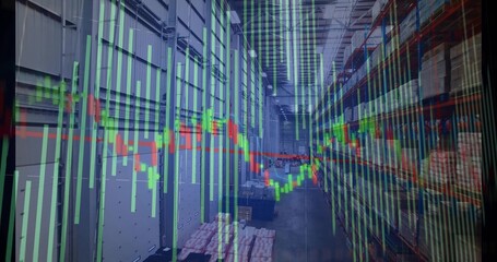 Displaying warehouse featuring steel columns and racks holding boxes under candlestick overlay
