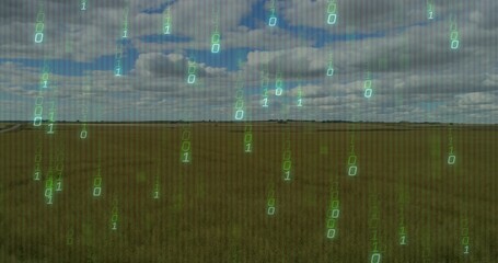 Streaming green binary digits cascading over farmland under partly cloudy sky, digital rain