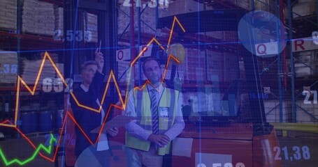 Woman in blazer and man in vest analyzing inventory in warehouse, with tablet and data overlays