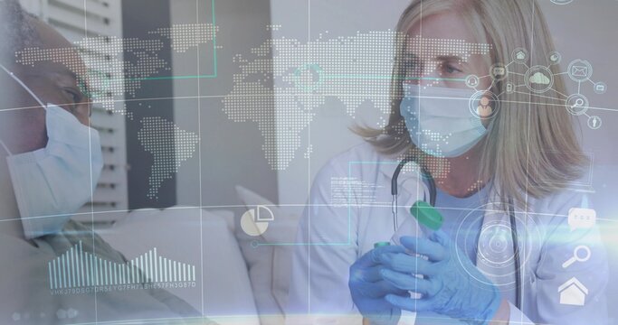 Holding green vial doctor discussing treatment with patient in exam room with digital overlays - Powered by Adobe